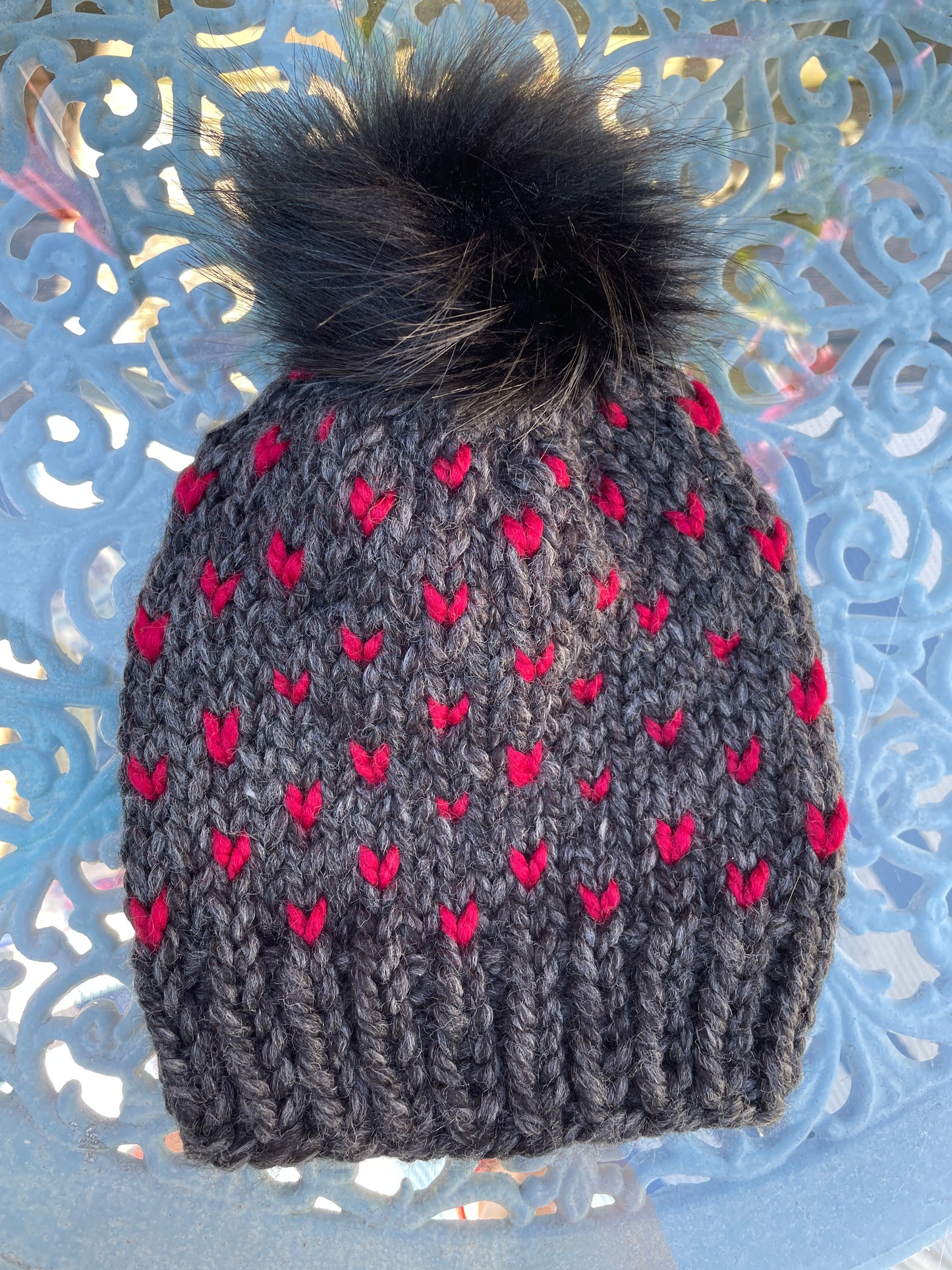 Heart's Delight Grey with Red Hearts-black pom
