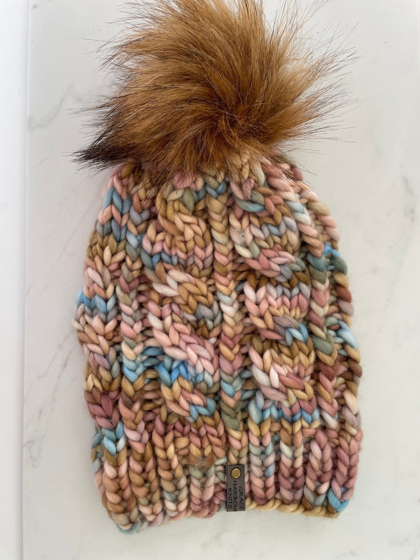 GRACE CABLE KNIT BEANIE IN DUNE WITH PECAN POM