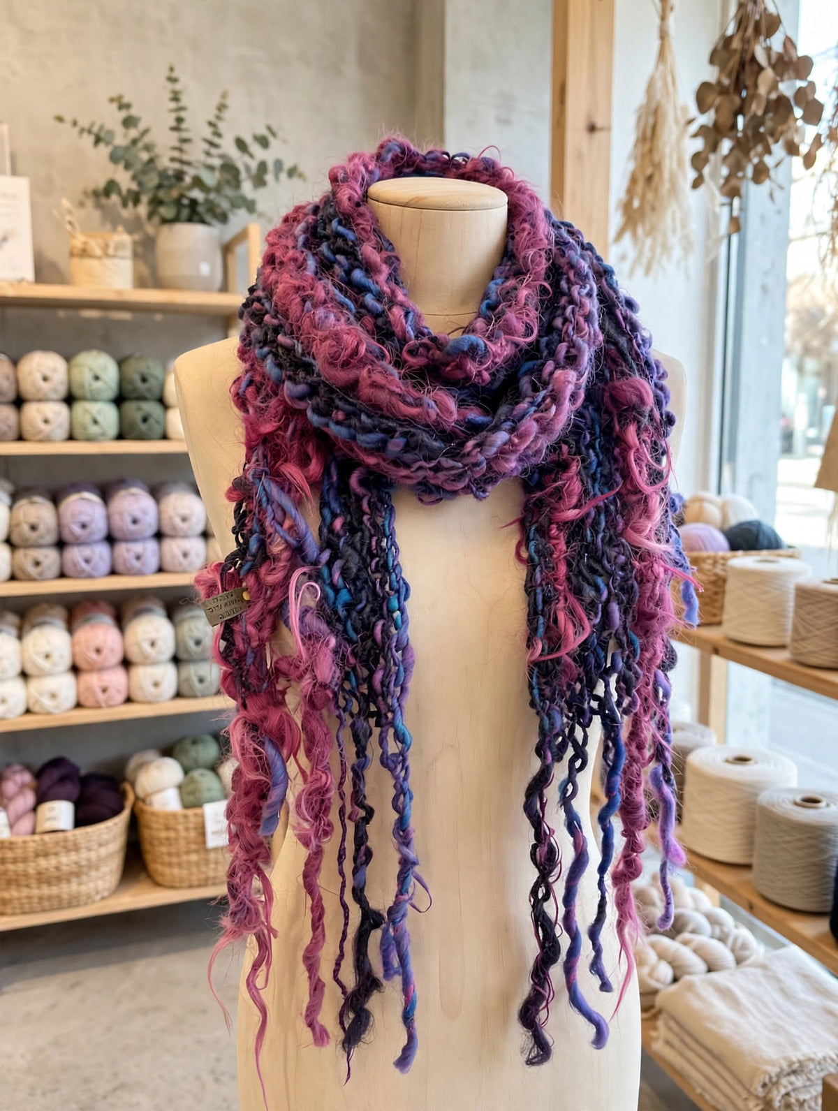Hand-Knit "Shawn's Tassel" Scarf — Chunky Pink Purple Blue Wool Art Scarf