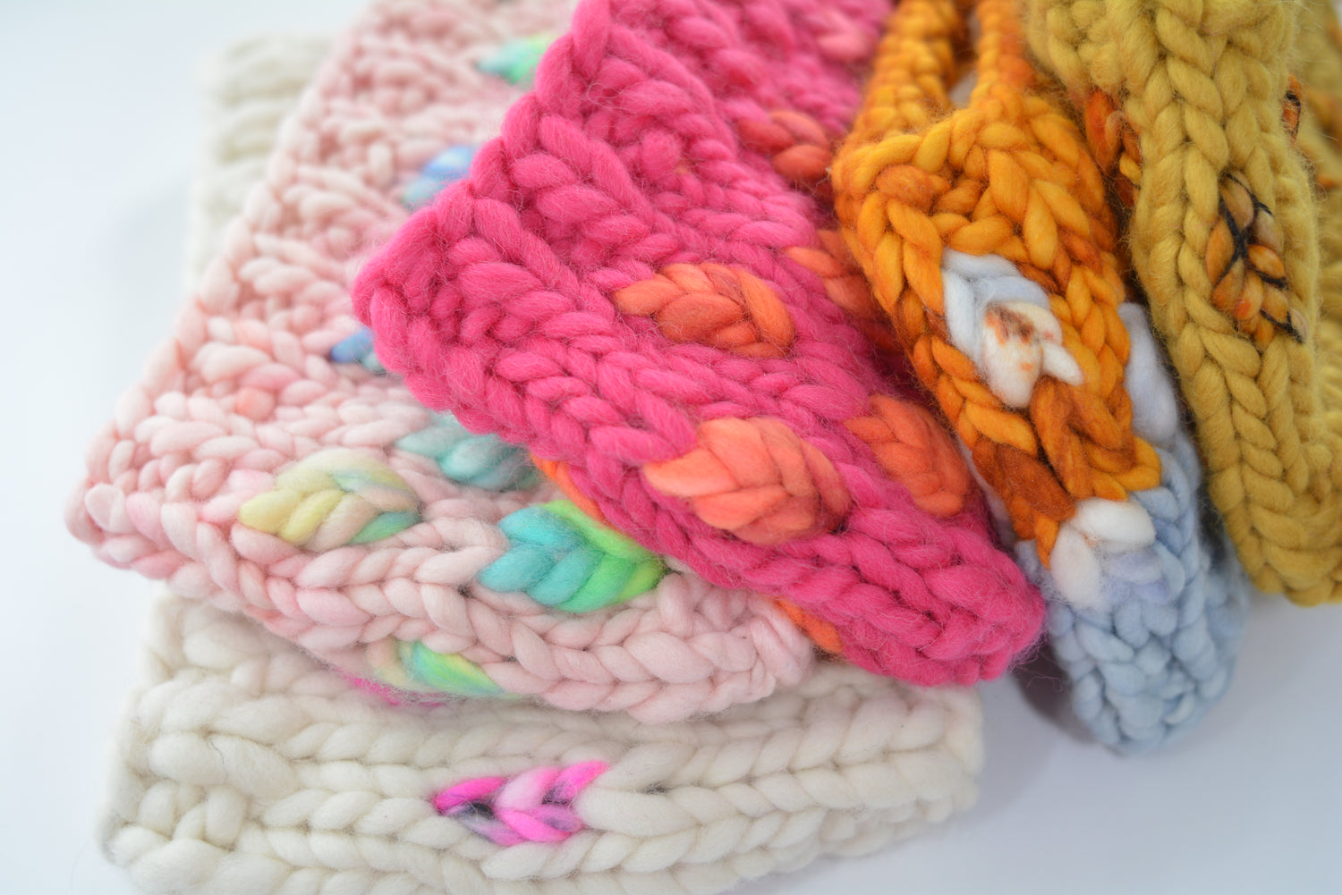four cozy and colourful headbands