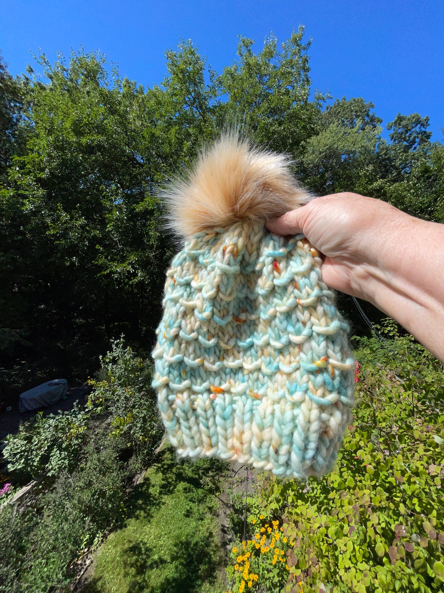 BAMBOO BEANIE IN OOAK FUN IN THE SUN WITH BLONDIE POM