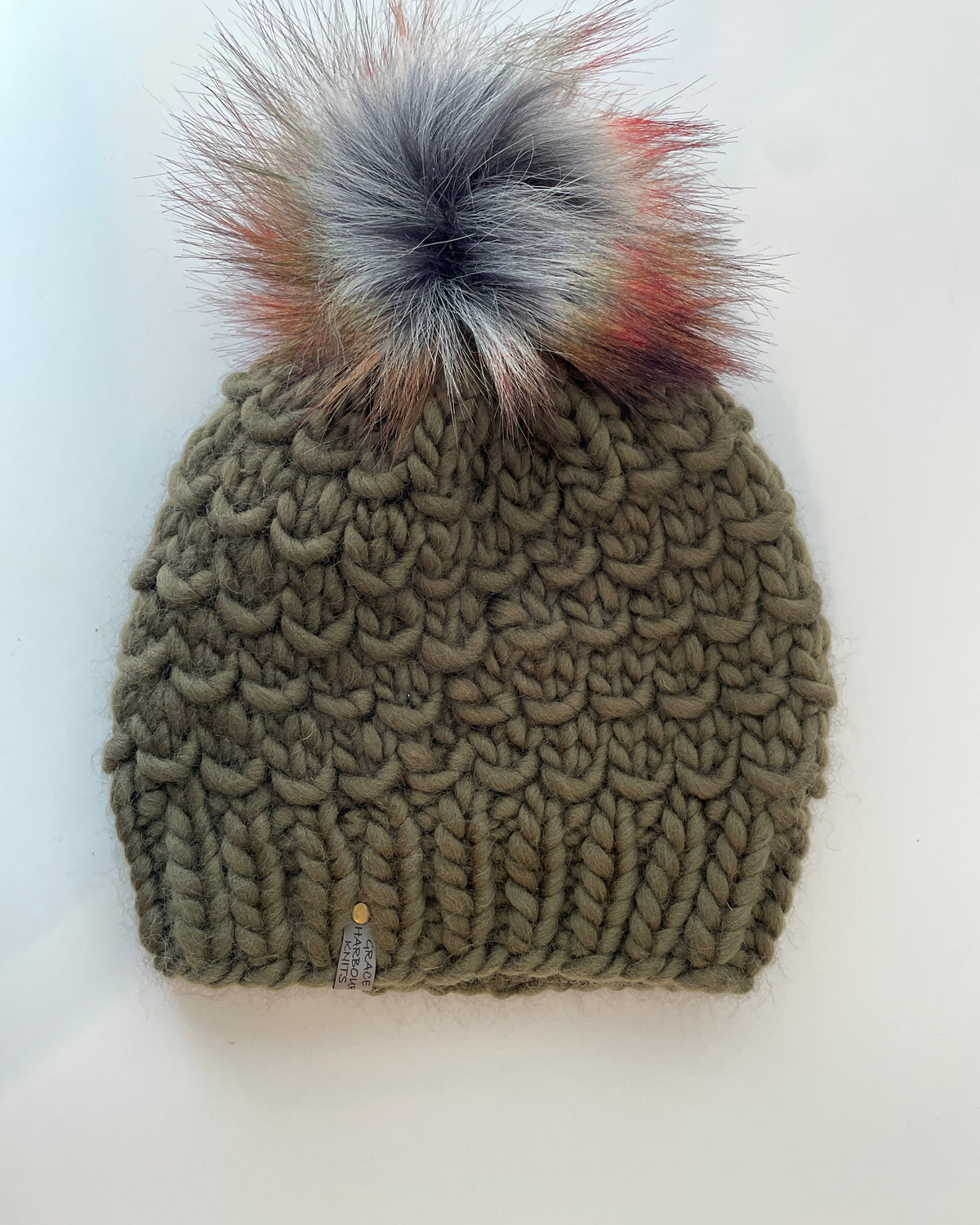 BAMBOO BEANIE IN OLIVE, WITH HARVEST FAUX FUR POM POM