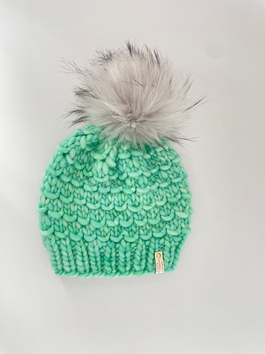 Bamboo Beanie in Cheeky Mint with Tundra pom with black tips