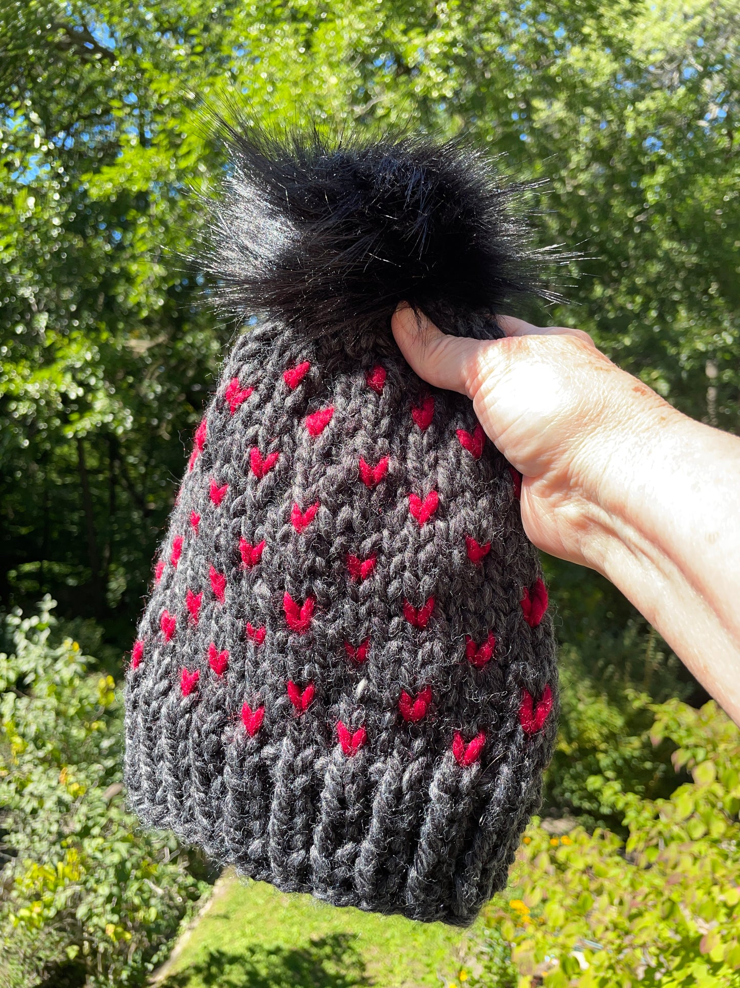 Heart's Delight Grey with Red Hearts-black pom