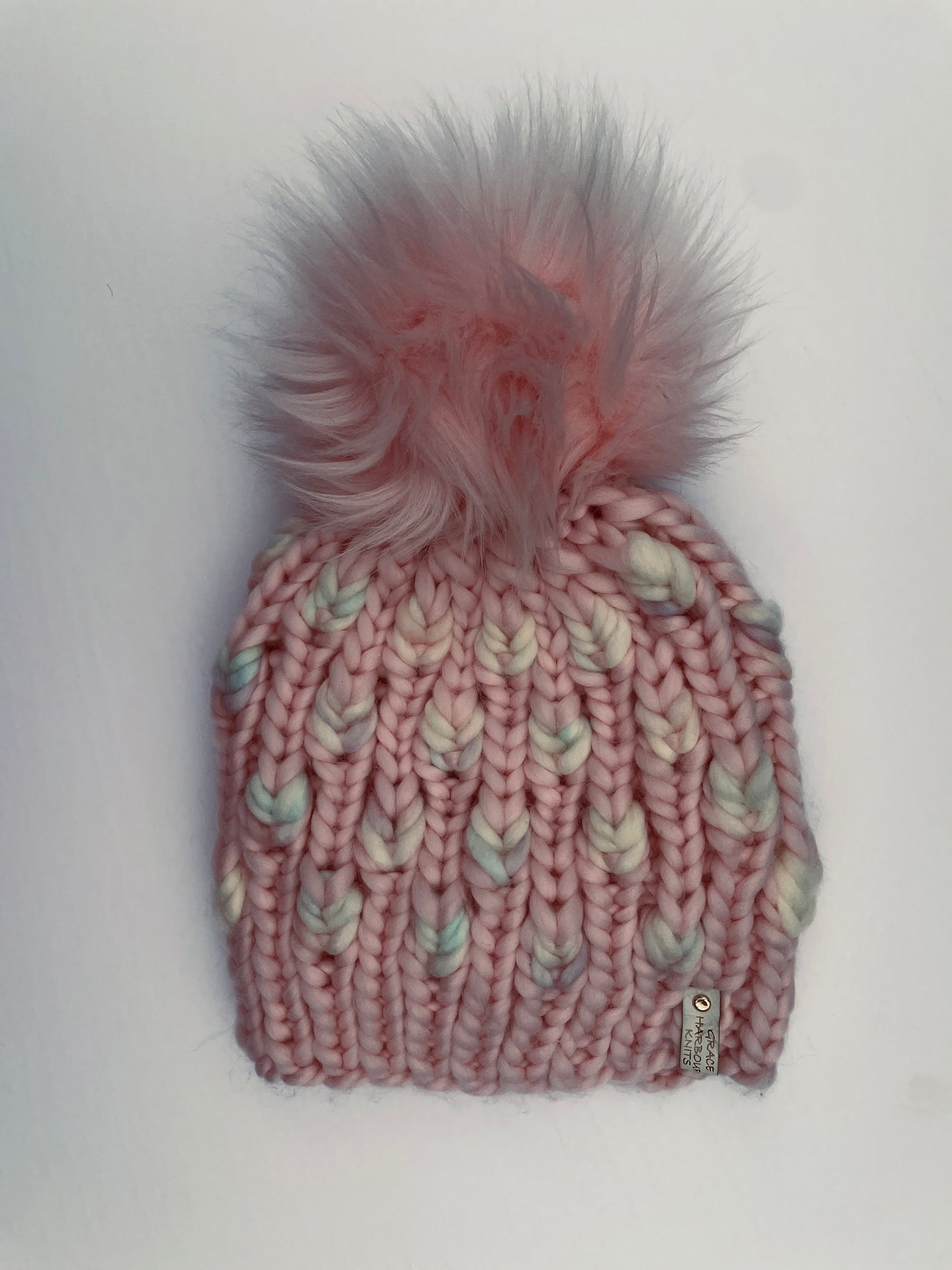 BACK TO NATURE BEANIE IN OOAK MARSHMALLOW WORLD WITH SEASHELL- PINK POM OR SEASHELL WITH MARSHMALLOW WORLD-PINK POM