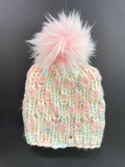 BACK TO NATURE BEANIE IN OOAK MARSHMALLOW WORLD WITH SEASHELL- PINK POM