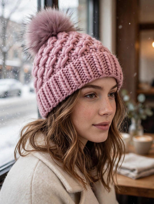 CRUSH BEANIE IN ORCHID WITH FAUX FUR LAVENDER POM POM