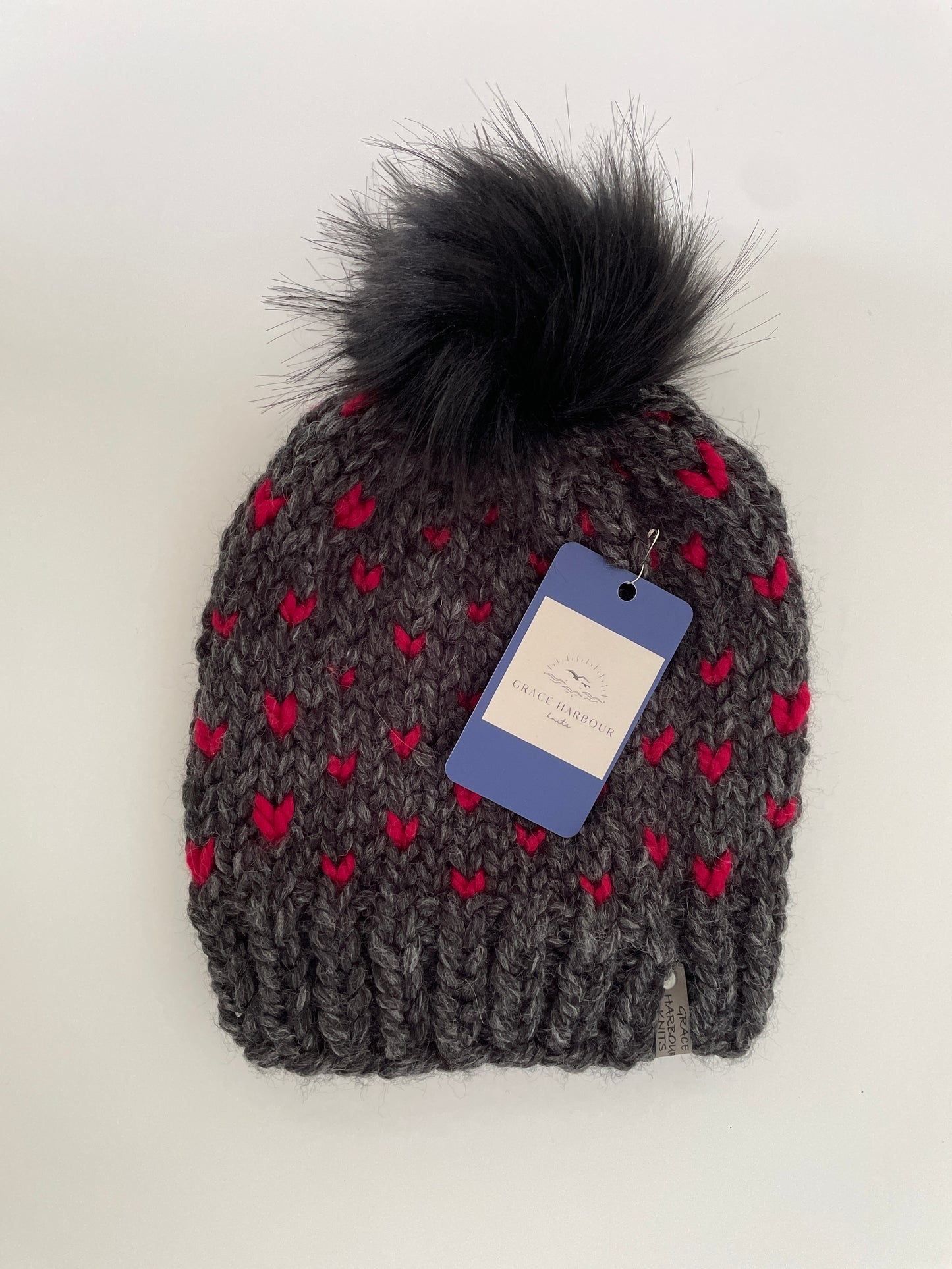 Heart's Delight Grey with Red Hearts-black pom