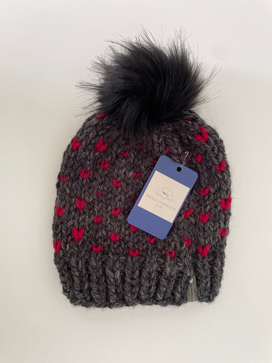 Heart's Delight Grey with Red Hearts-black pom