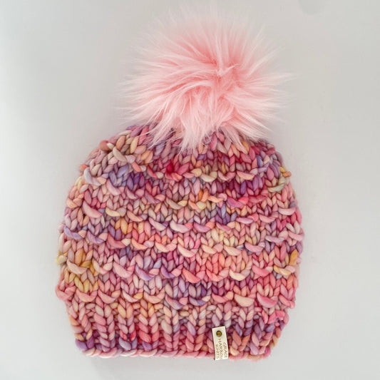 Bamboo Beanie in Rosalinda with pink  pom