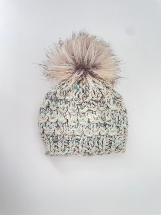 Kids Bamboo Beanie in Seaglass/silver grey pom  Size 0-6 mth