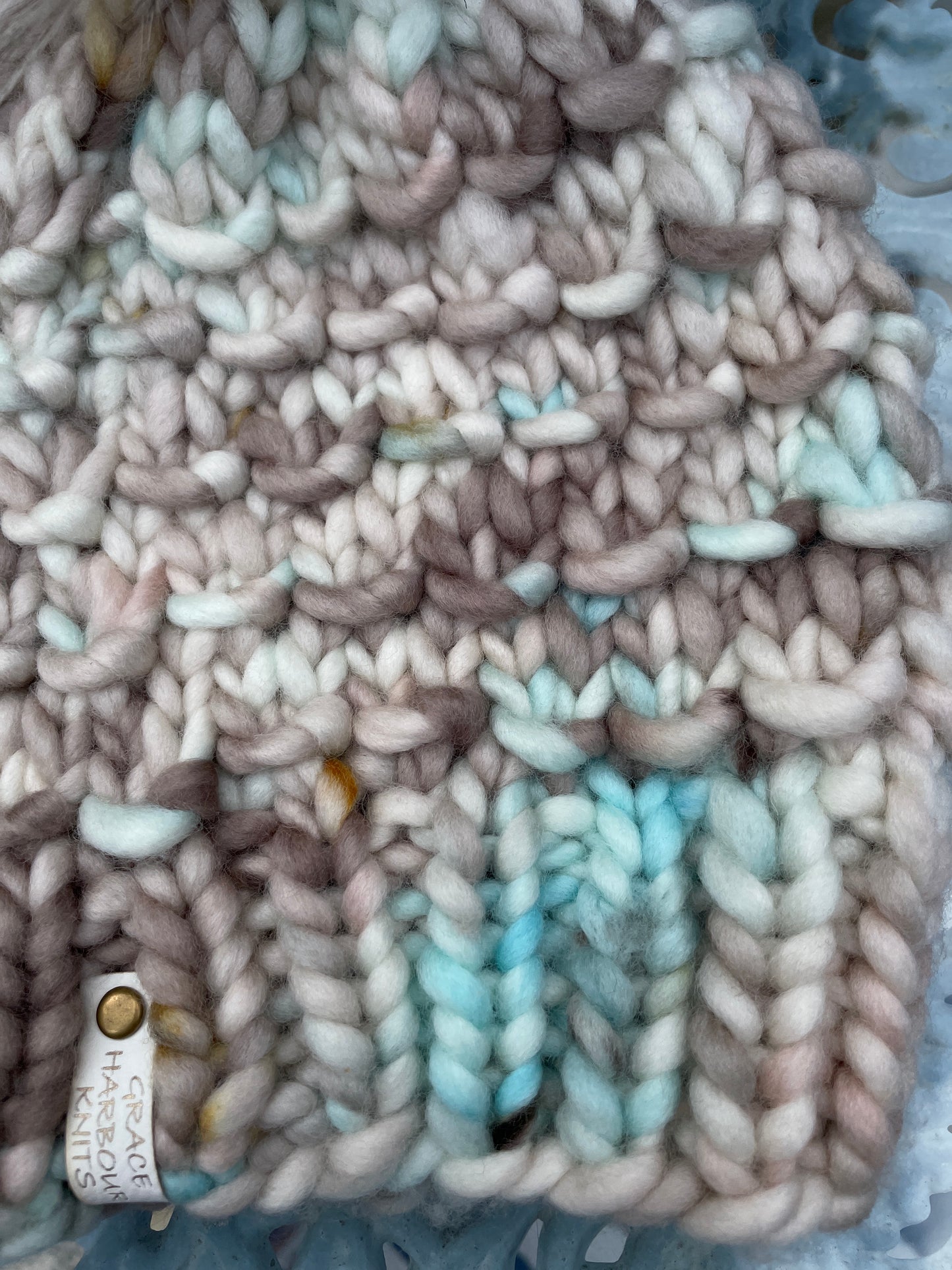 BAMBOO BEANIE IN OOAK PASTEL TAN AND TEAL WITH ZEBRA POM