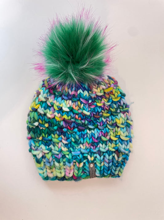 BAMBOO BEANIE IN MERMAID SHOES WITH FAUX FUR POM POM IN DRAGON