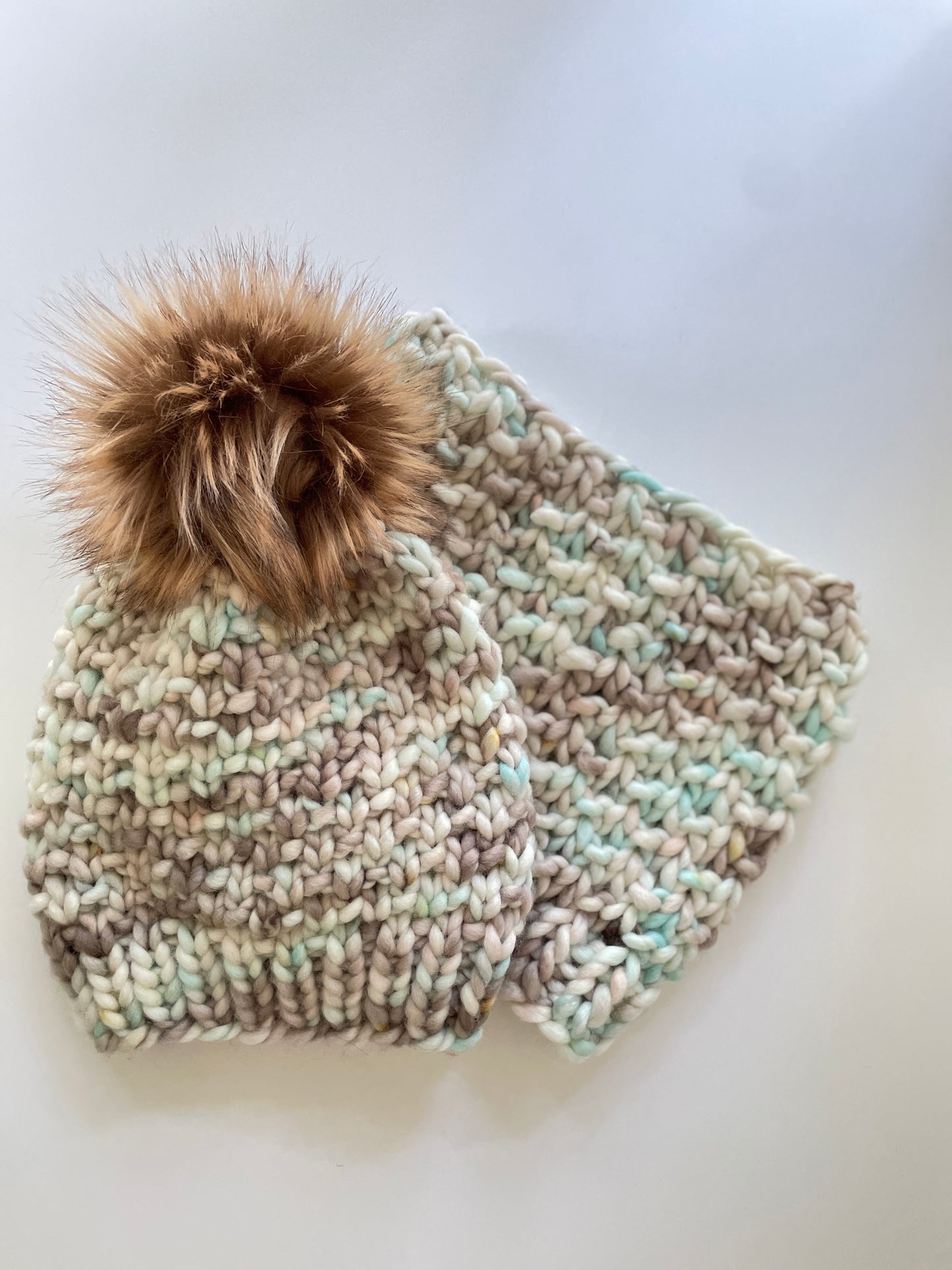 SANDBAR BEANIE AND COWL IN ONE OF A KIND TAN AND TEAL
