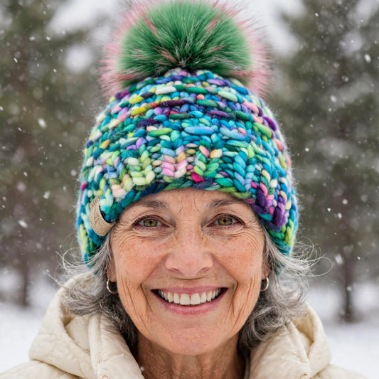 BAMBOO BEANIE IN MERMAID SHOES WITH FAUX FUR POM POM IN DRAGON