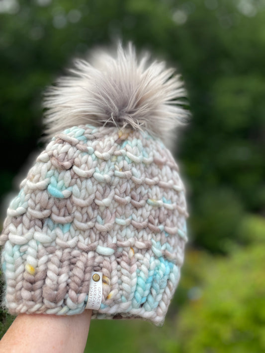 BAMBOO BEANIE IN OOAK PASTEL TAN AND TEAL WITH ZEBRA POM