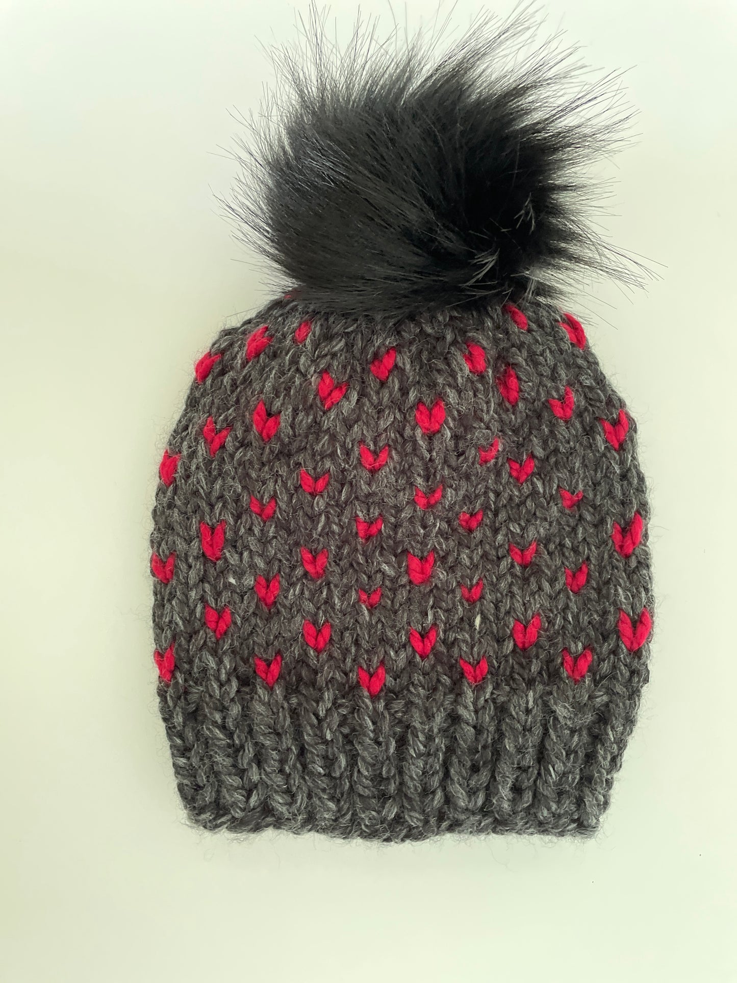 Heart's Delight Grey with Red Hearts-black pom