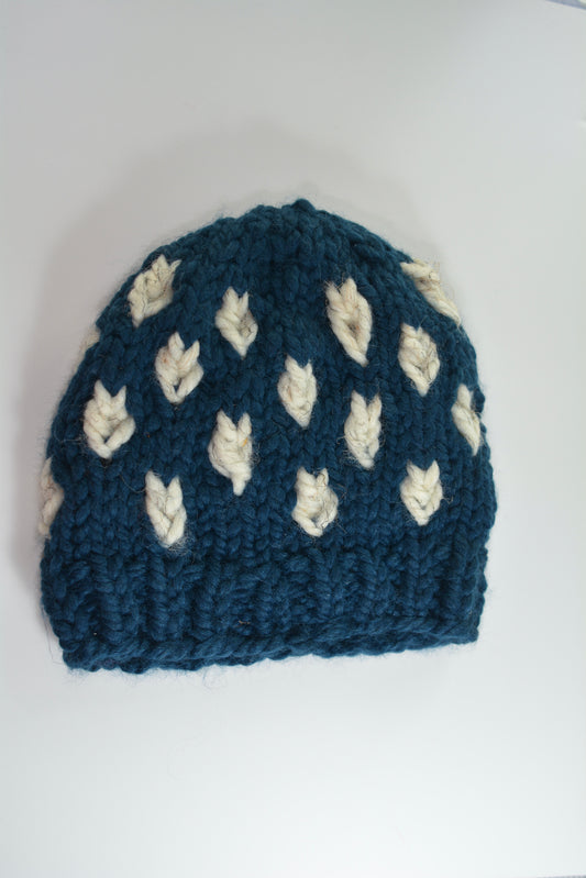 Mini New Leaf Beanie in Petrol Blue with white leaves