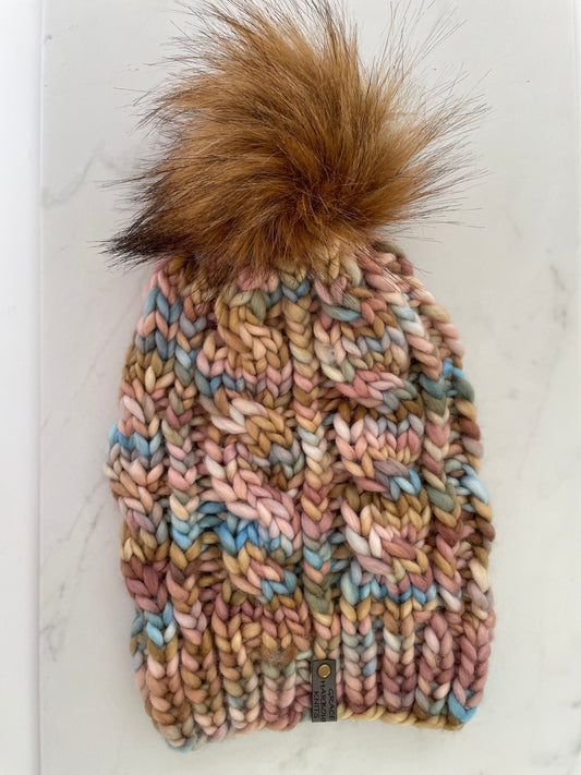 GRACE CABLE KNIT BEANIE IN DUNE WITH PECAN POM