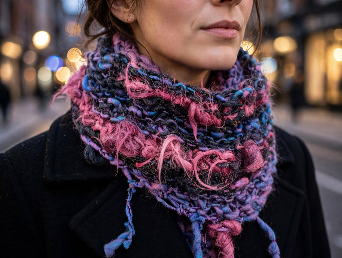 Hand-Knit "Shawn's Tassel" Scarf — Chunky Pink Purple Blue Wool Art Scarf