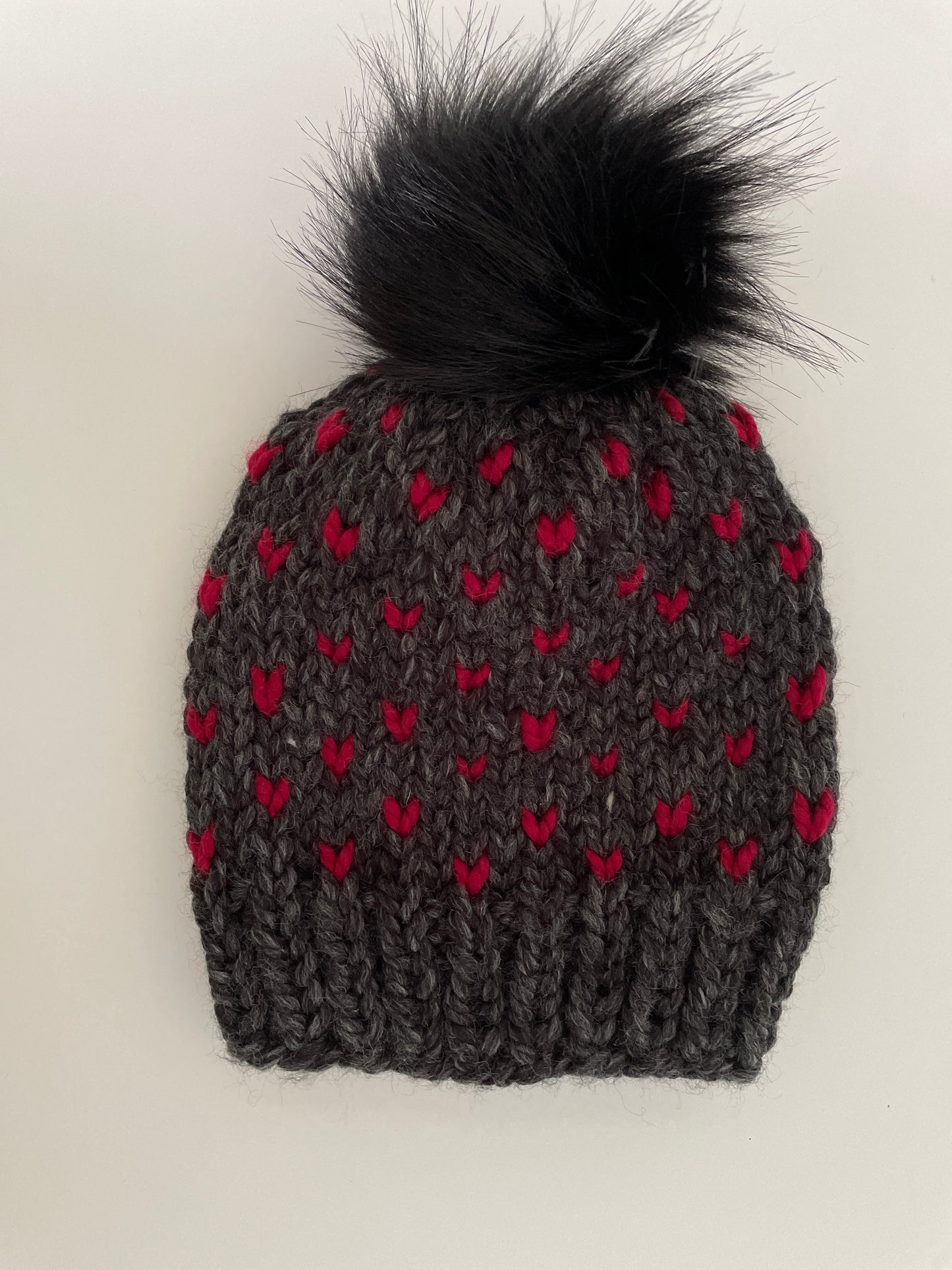 Heart's Delight Grey with Red Hearts-black pom