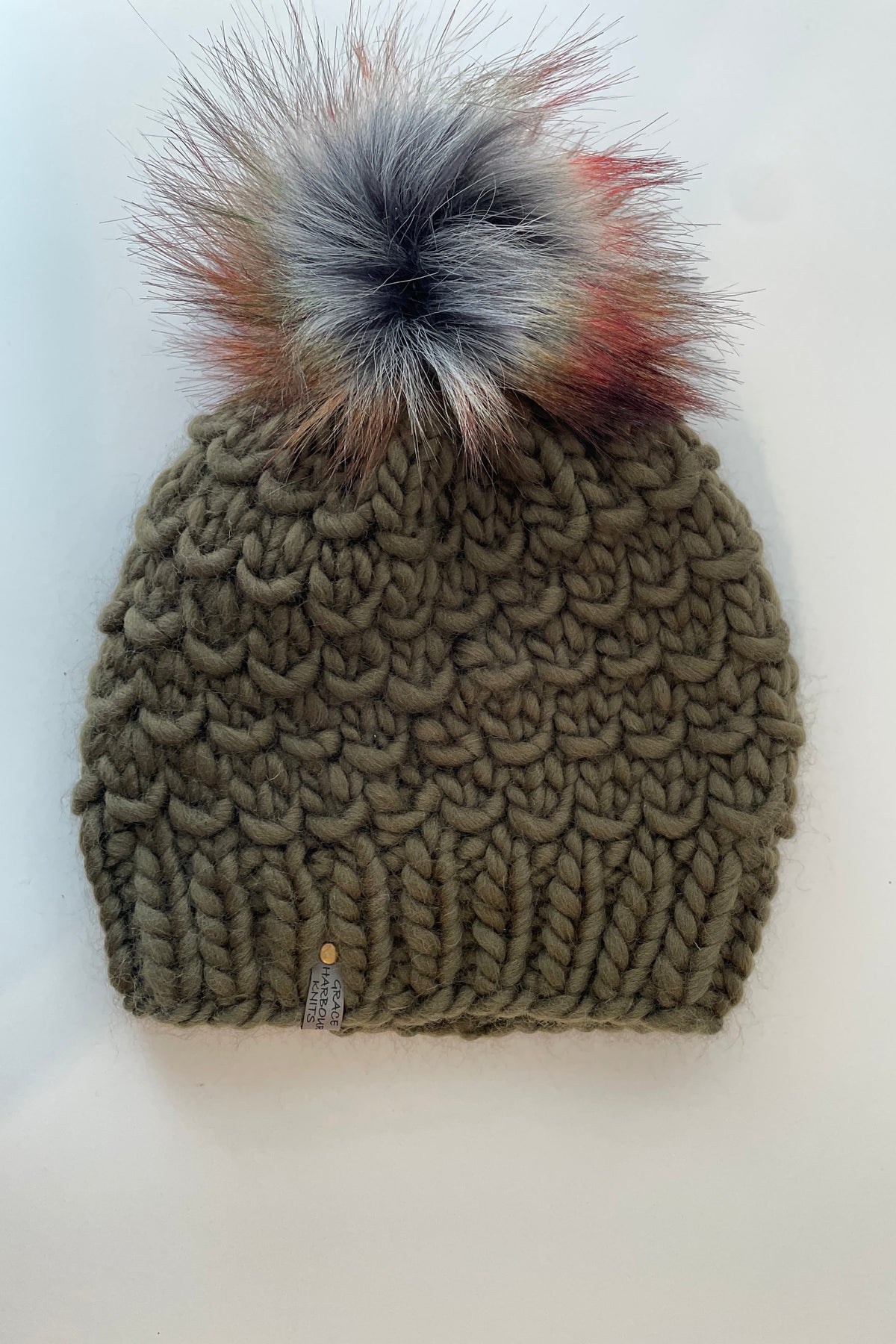 BAMBOO BEANIE IN OLIVE, WITH HARVEST FAUX FUR POM POM