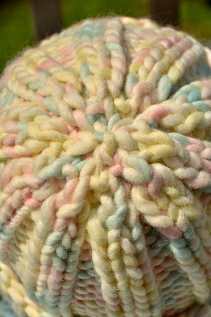 Close-up of crown of multicolored beanie.