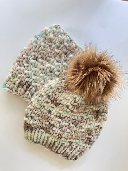 SANDBAR BEANIE AND COWL IN ONE OF A KIND TAN AND TEAL