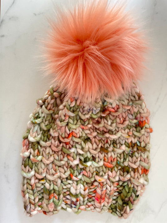 Bamboo Beanie in Certain Shades of Green with Peachy Pom