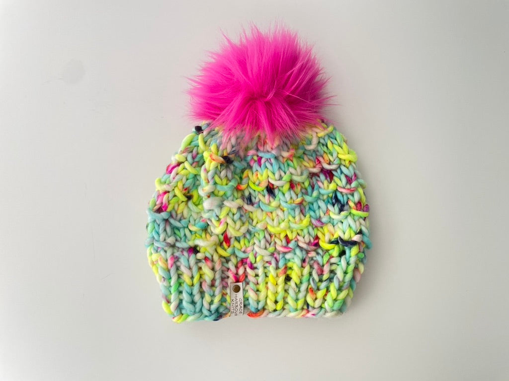 BAMBOO BEANIE IN TOUCAN DO IT W SHOCKING PINK POM