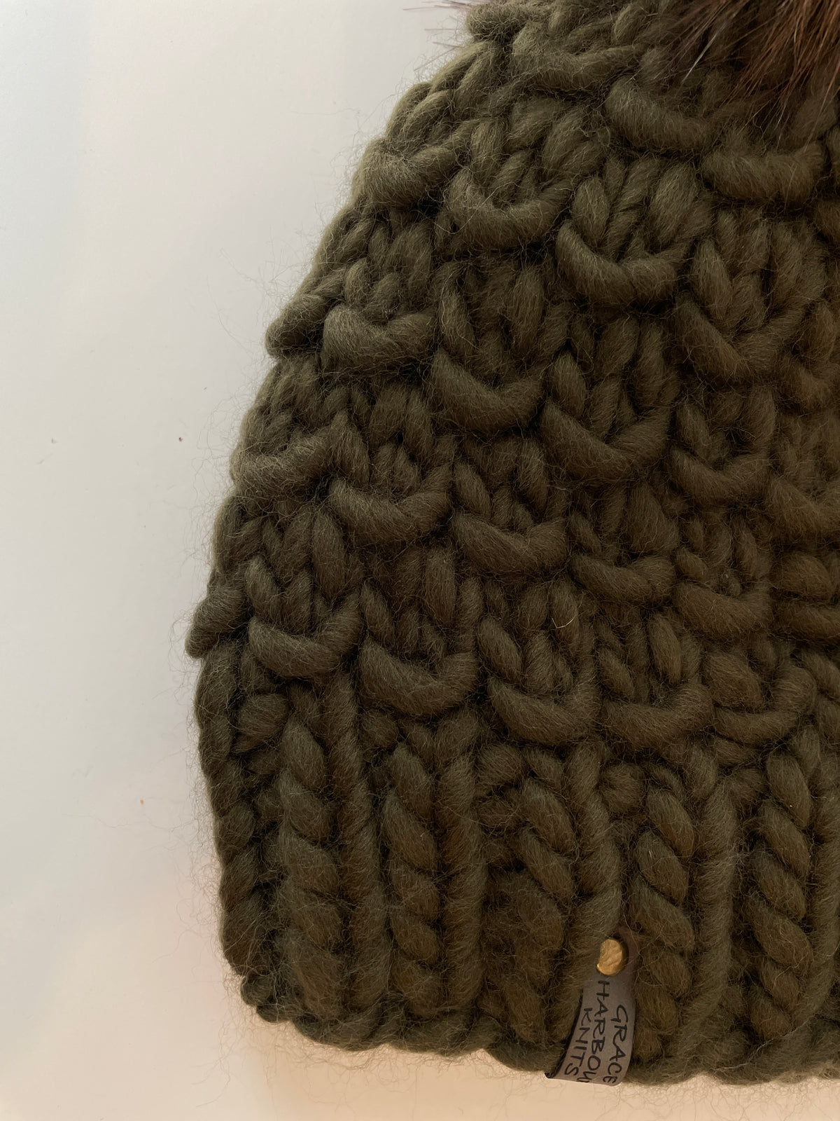 BAMBOO BEANIE IN OLIVE, WITH HARVEST FAUX FUR POM POM