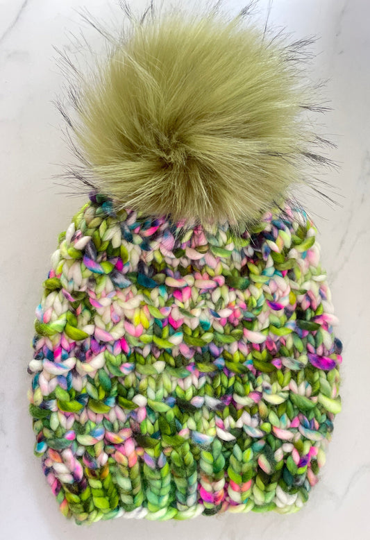 Bamboo Beanie in Forest Faeries with Moss Green pom