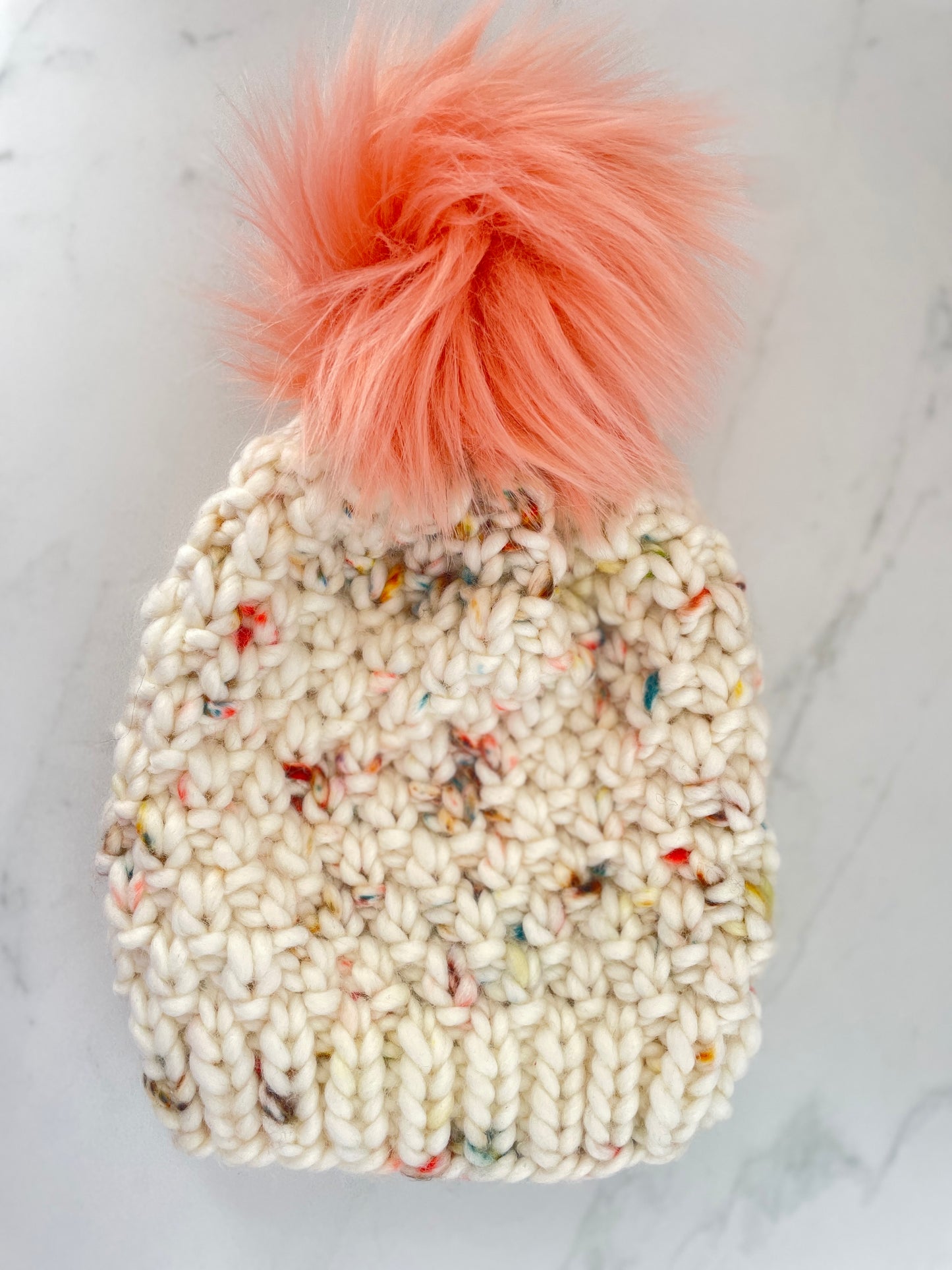 Linden Beanie in Cotton Headed Niddy Muggins/Peachy Orange Pom