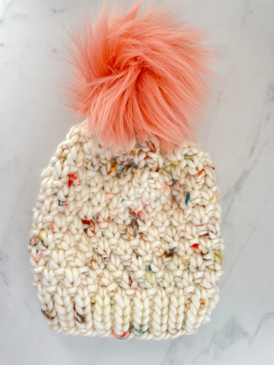 Linden Beanie in Cotton Headed Niddy Muggins/Peachy Orange Pom