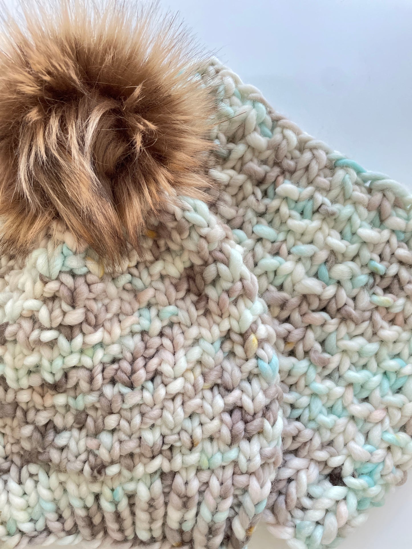 SANDBAR BEANIE AND COWL IN ONE OF A KIND TAN AND TEAL