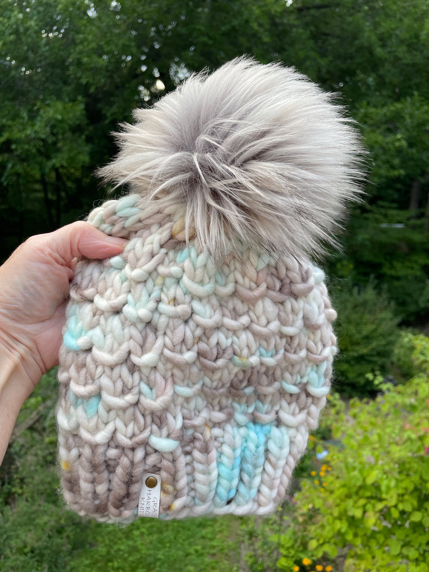 BAMBOO BEANIE IN OOAK PASTEL TAN AND TEAL WITH ZEBRA POM