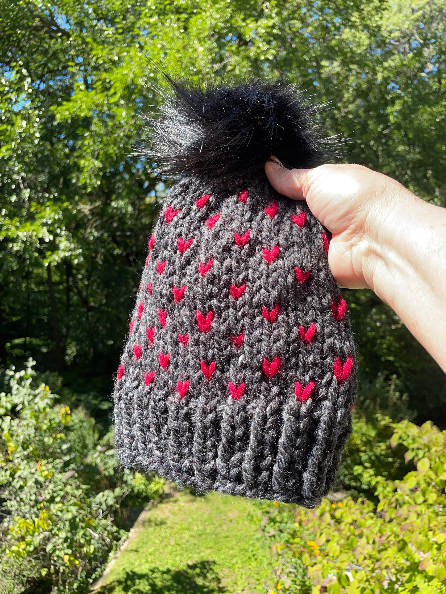 Heart's Delight Grey with Red Hearts-black pom