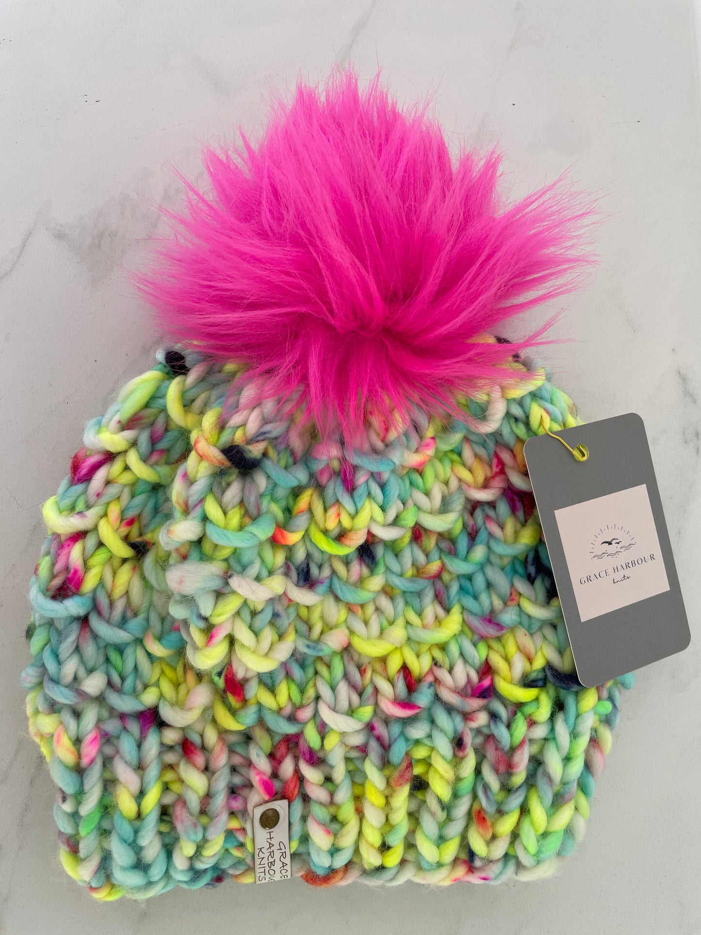 BAMBOO BEANIE IN TOUCAN DO IT W SHOCKING PINK POM