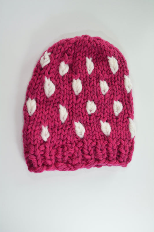 Mini New Leaf Beanie in Magenta with White Leaves