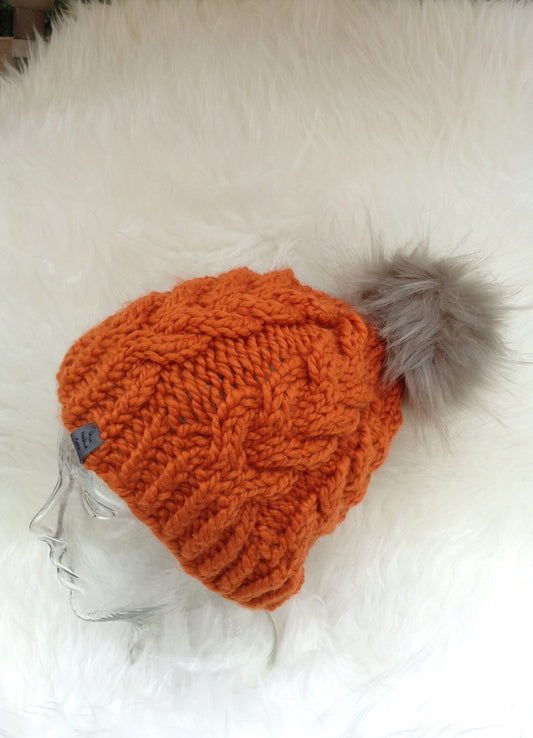 Chunky Cable Beanie in Pumpkin with grey Faux fur pom