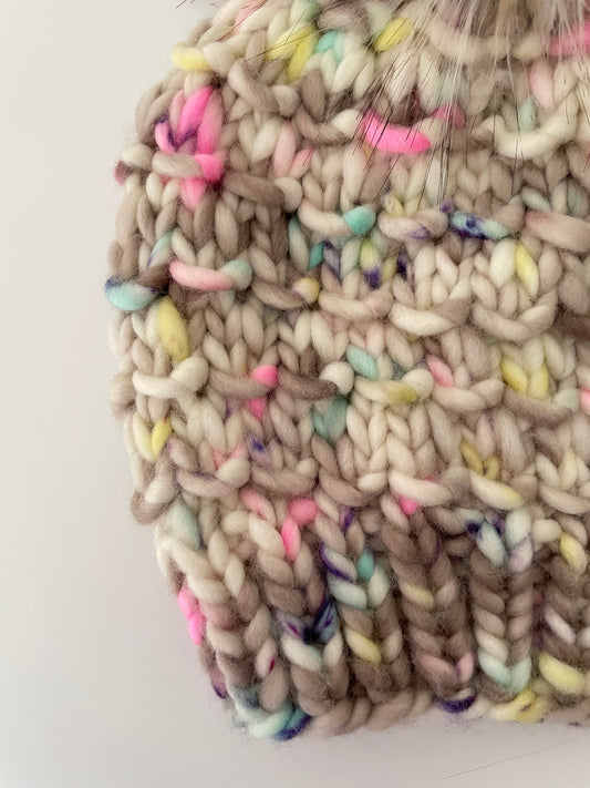 BAMBOO BEANIE IN NEON HAZE WITH NEOPOLITAN POM