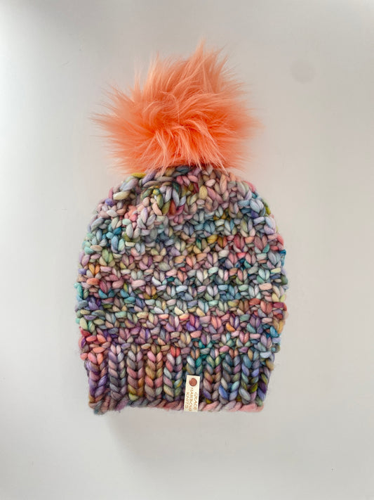 Linden Beanie in Milky Spite/tangerine pom