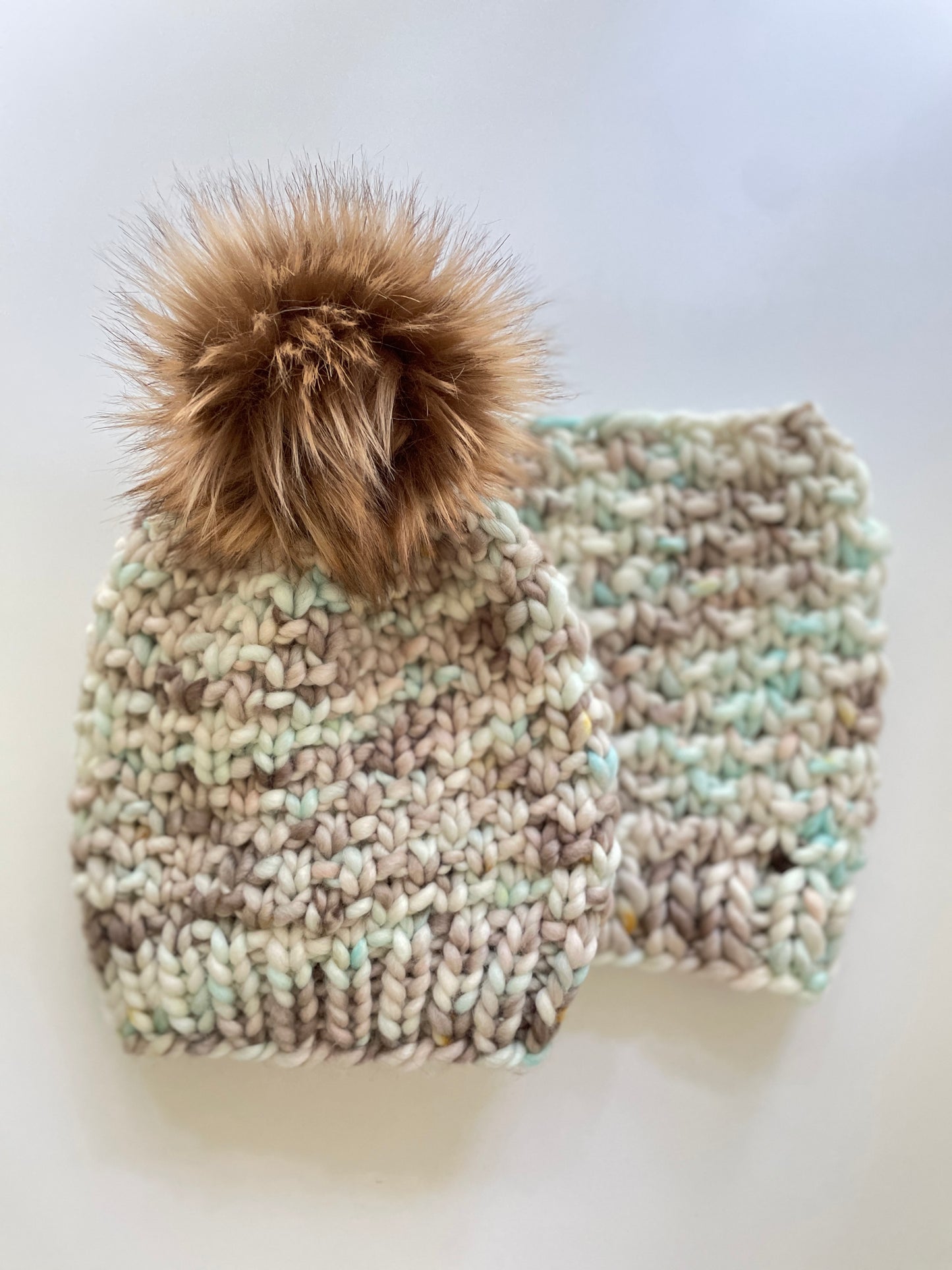 SANDBAR BEANIE AND COWL IN ONE OF A KIND TAN AND TEAL