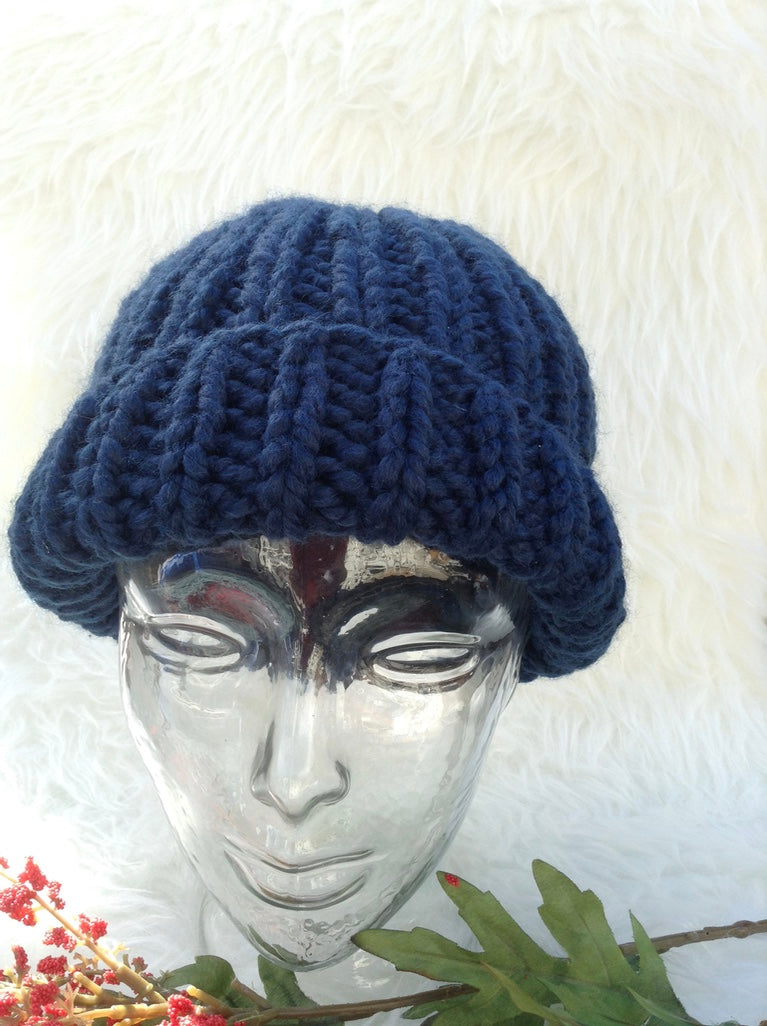 Grace's Fisherman Rib in Blueberry-wool blend with creamy pom