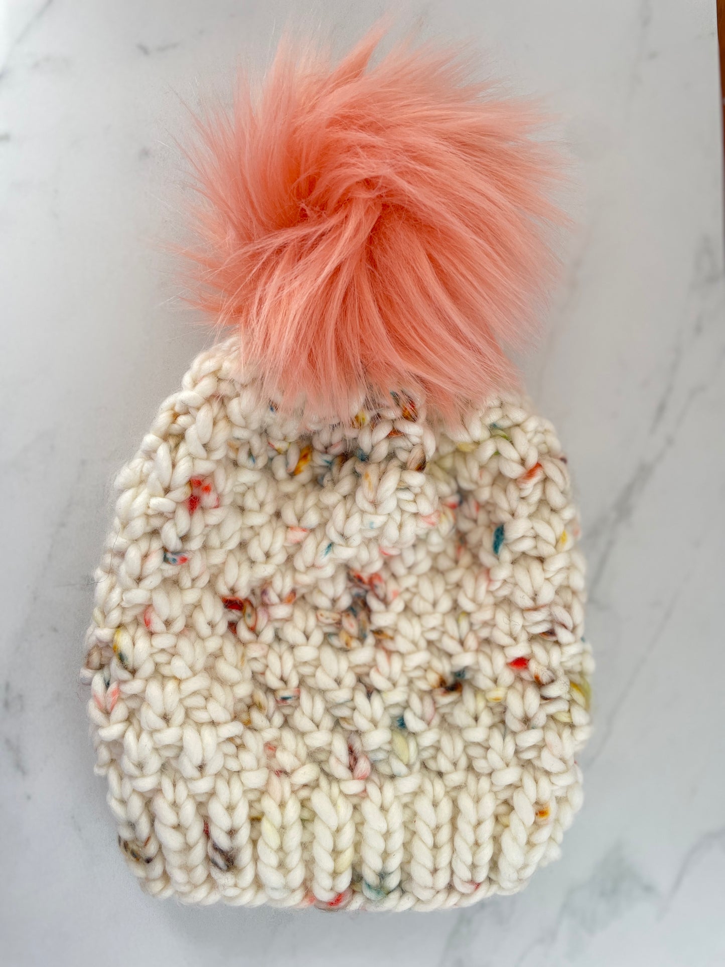 Linden Beanie in Cotton Headed Niddy Muggins/Peachy Orange Pom