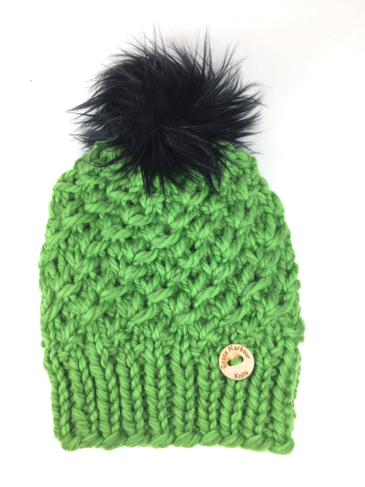 Crush Beanie in Bright Green black fun fur pom