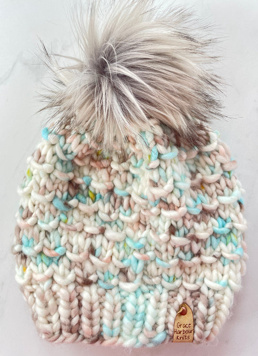 Bamboo Beanie in Super Squish in fog/grey/teal/white with Steel Pom