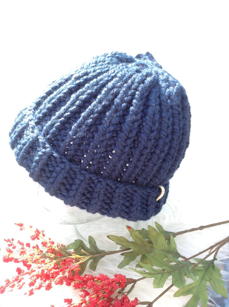 Blue knitted hat on a white background with red berries and green leaves.