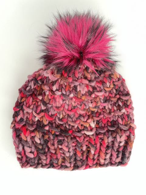 Bamboo Beanie in Raspberry Swirl/Raspberry pom with black tips