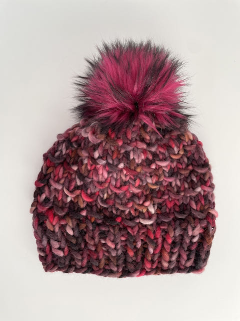 Bamboo Beanie in Raspberry Swirl/Raspberry pom with black tips